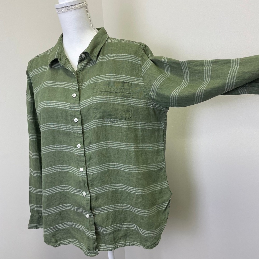 L.L.Bean Green Striped 100% Linen Button Down Shirt Womens Large Petite - Picture 3 of 15